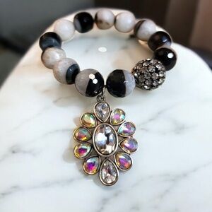 Beaded Bracelet with Dazzling Crystal Pendant - Black & White Handmade